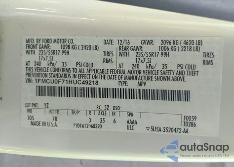 2017 Ford Escape S из США, поврежденный, VIN 1FMCU0F71HUC49218